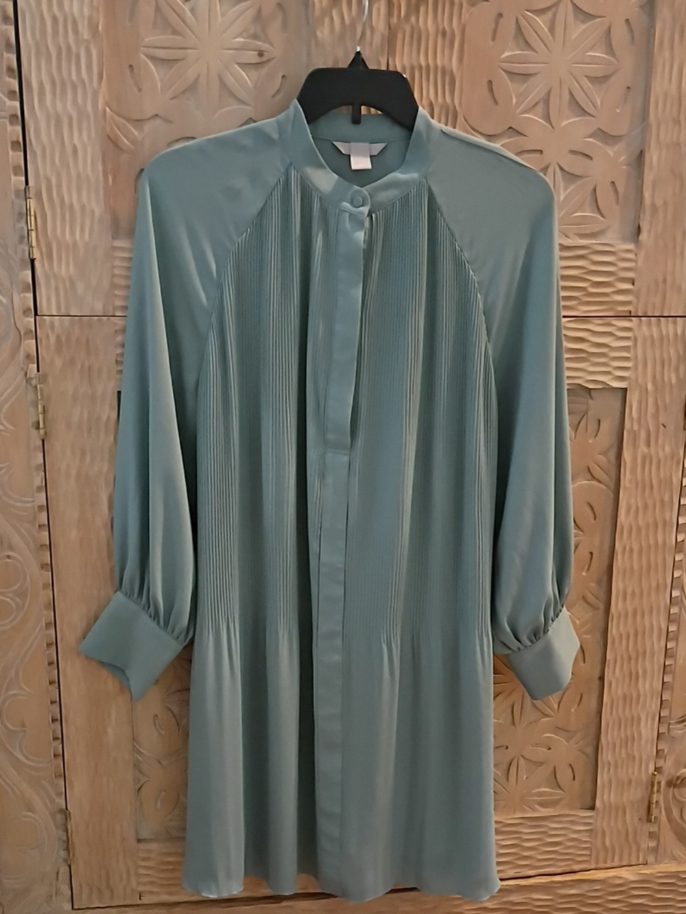 Light Teal, Sage Pleated Long Sleeve Women's Dress
